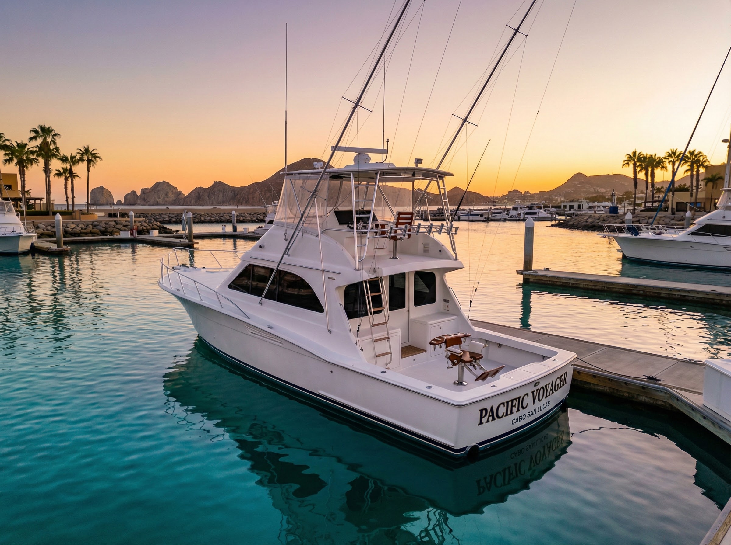 Fishing charter boat in Cabo San Lucas marina